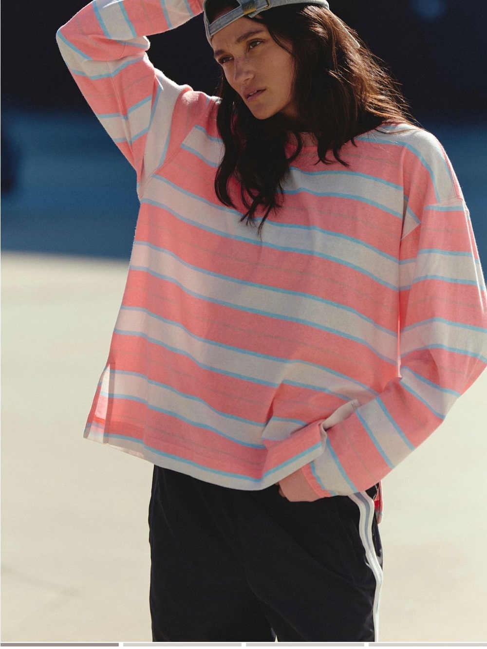 FP Movement by Free People Pink White Blue Striped Oversized Pullover